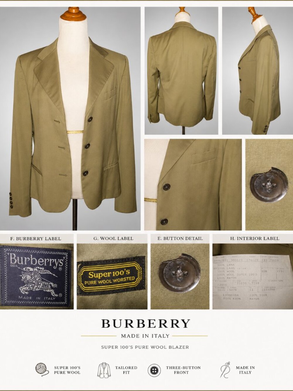Burberrys Women’s Size 8 Wool Blazer Jacket Olive Khaki Made in Italy Vintage